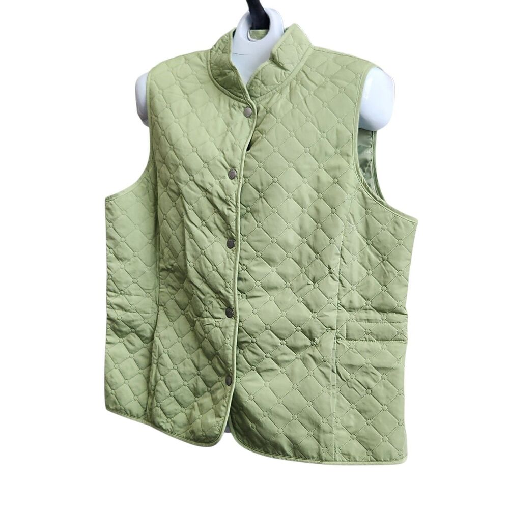 VTG 90s Liz Golf Quilted Vest XL Sage Green Puffer Lightweight Snap Cinch Preppy